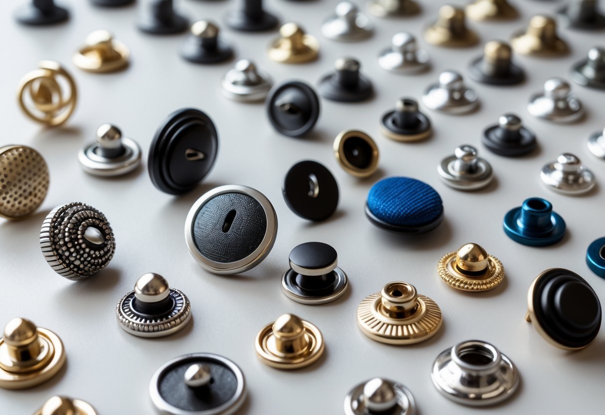 A collection of different types of stud buttons for clothes arranged on a plain background.