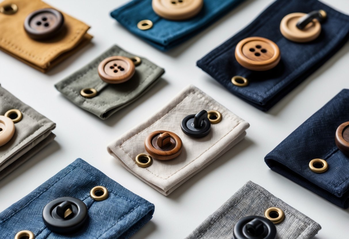 Close-up view of various toggle buttons for clothes displayed on fabric swatches against a neutral background.