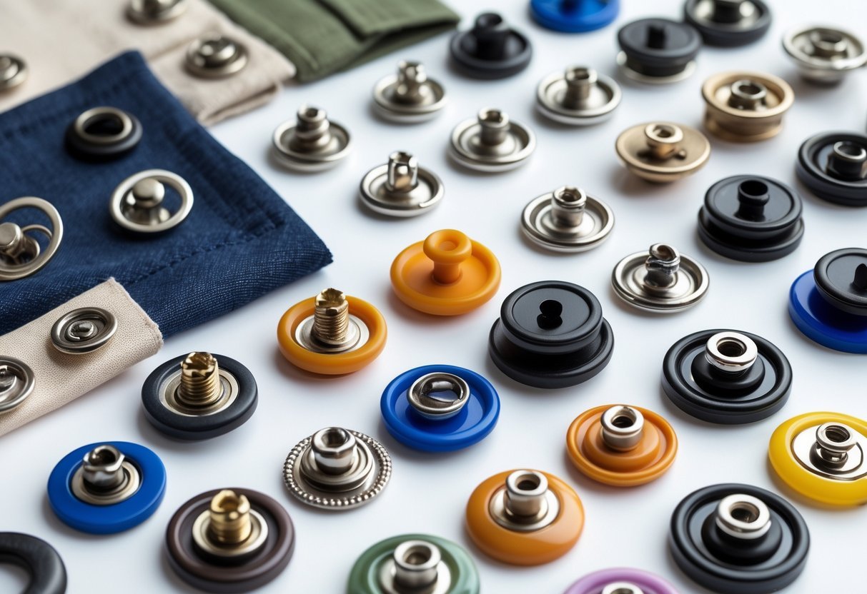 An assortment of snap buttons for clothes displayed on a white surface, some attached to fabric swatches.