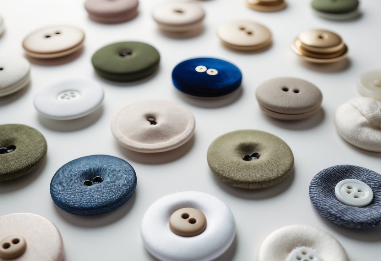 Close-up image of various fabric-covered buttons in different shapes and textures arranged on a neutral background.