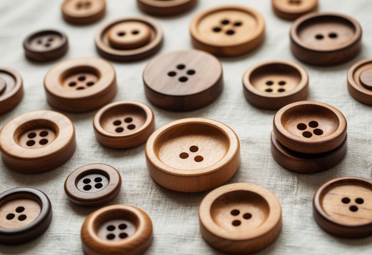 A collection of different wooden buttons arranged on light fabric, showing various shapes and sizes.