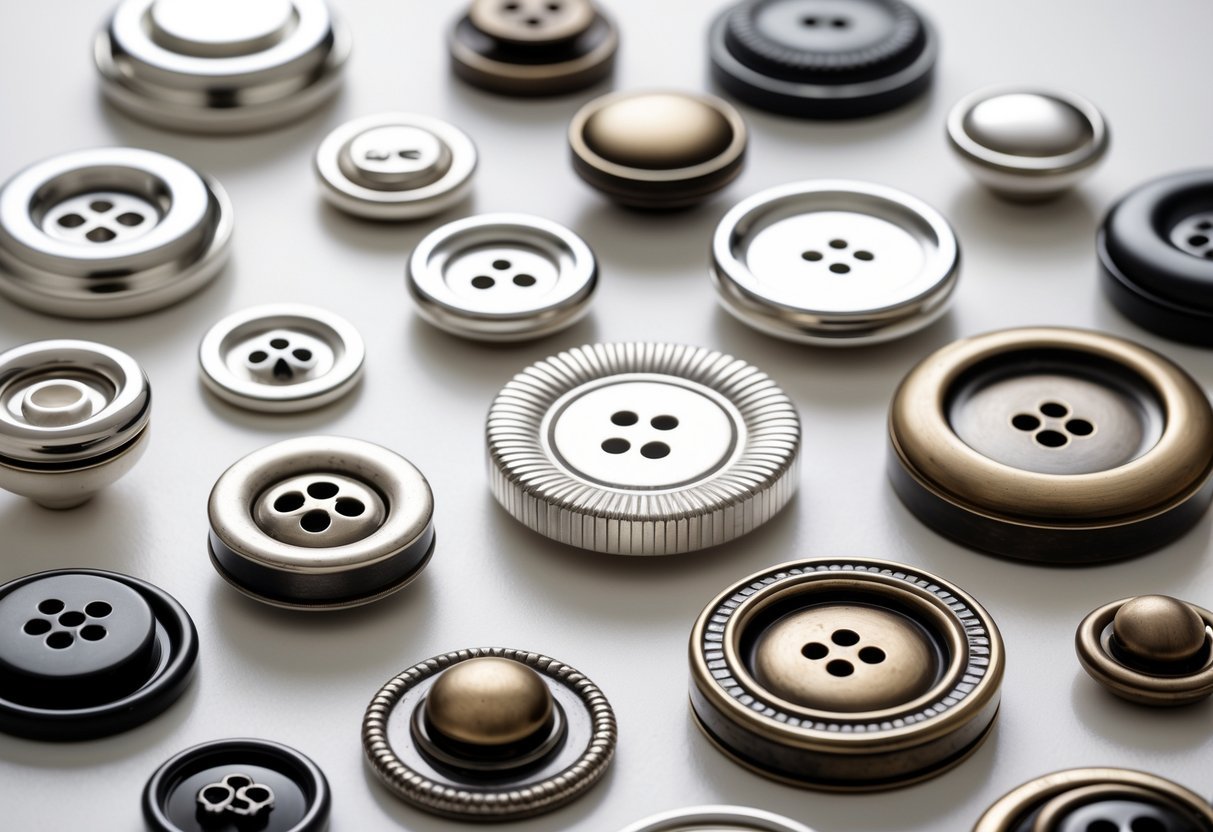 A collection of various metal buttons for clothes arranged on a plain background.