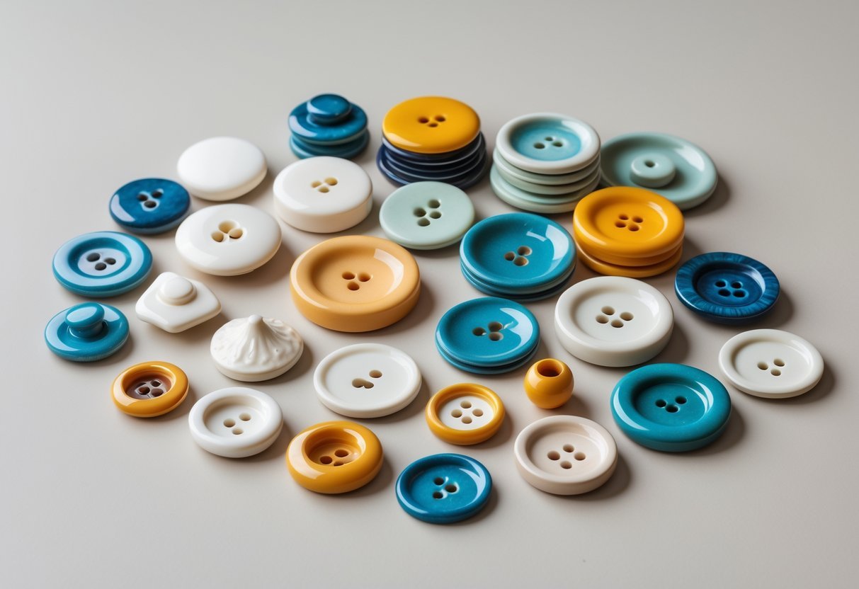 An assortment of ceramic buttons of different shapes and colors arranged on a neutral background.