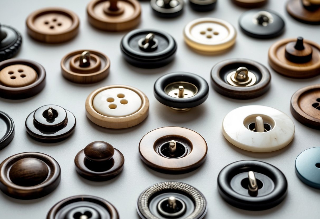 A close-up view of various types of clothing buttons made from different materials arranged on a plain surface.