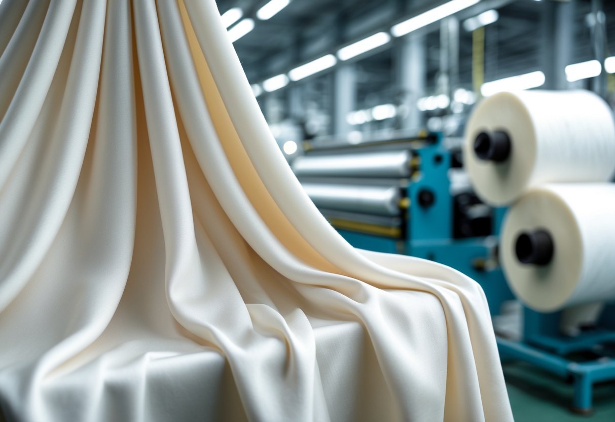 Close-up of soft viscose fabric with textile factory machinery and spools of fiber in the background.