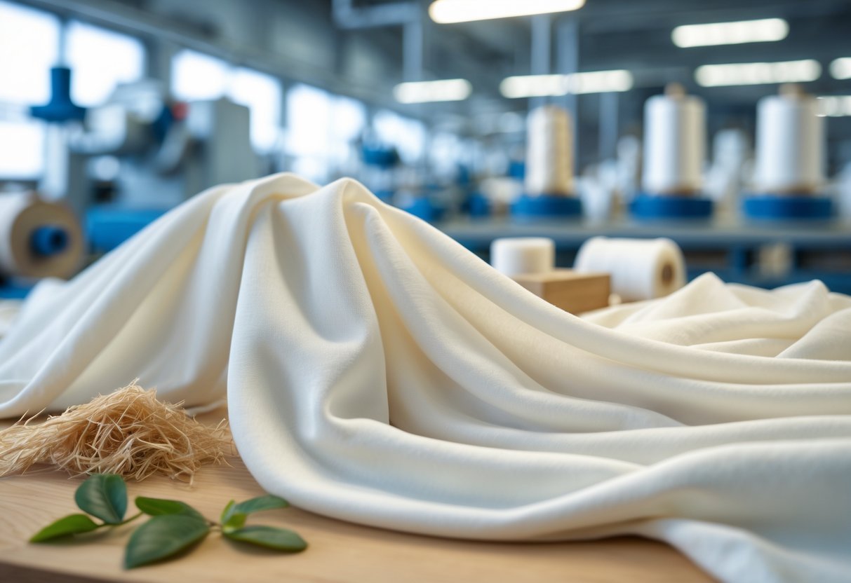 Close-up of soft viscose fabric draped on a table with wood pulp and cellulose fibers nearby, with blurred textile machinery in the background.