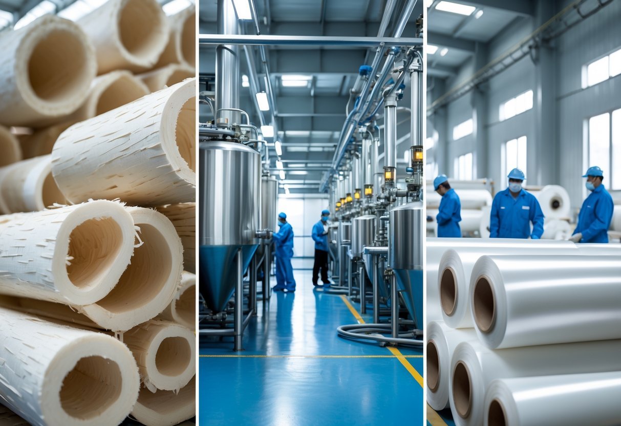 A factory scene showing raw wood pulp, industrial machinery processing viscose, and rolls of finished viscose fabric.
