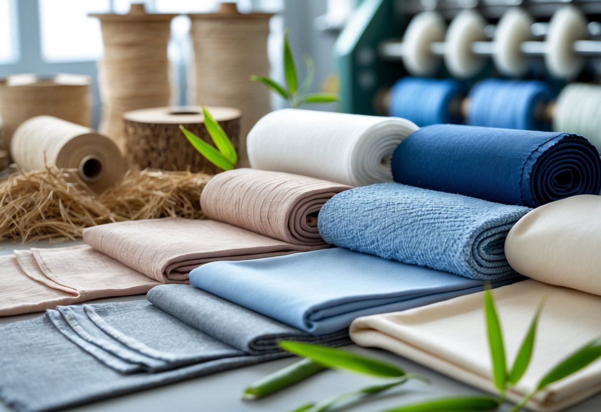 Various samples of viscose fabric displayed alongside natural materials and textile manufacturing equipment in the background.