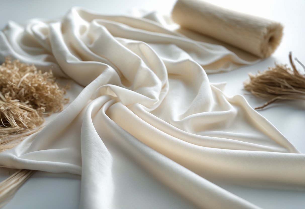 Close-up of soft, smooth viscose fabric draped with natural raw materials like wood pulp nearby on a clean background.