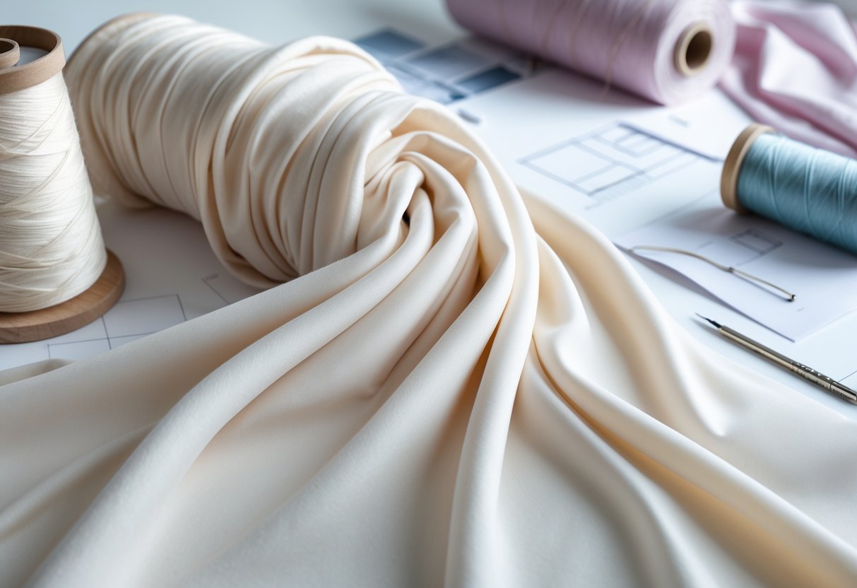 Close-up of smooth viscose fabric draped with sewing tools and fabric swatches on a designer's workspace.