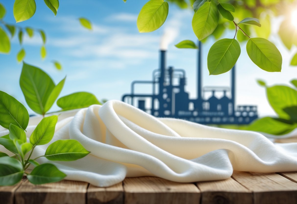 Close-up of soft viscose fabric surrounded by green leaves and a wooden surface, with a faint factory silhouette in the background under a clear sky.