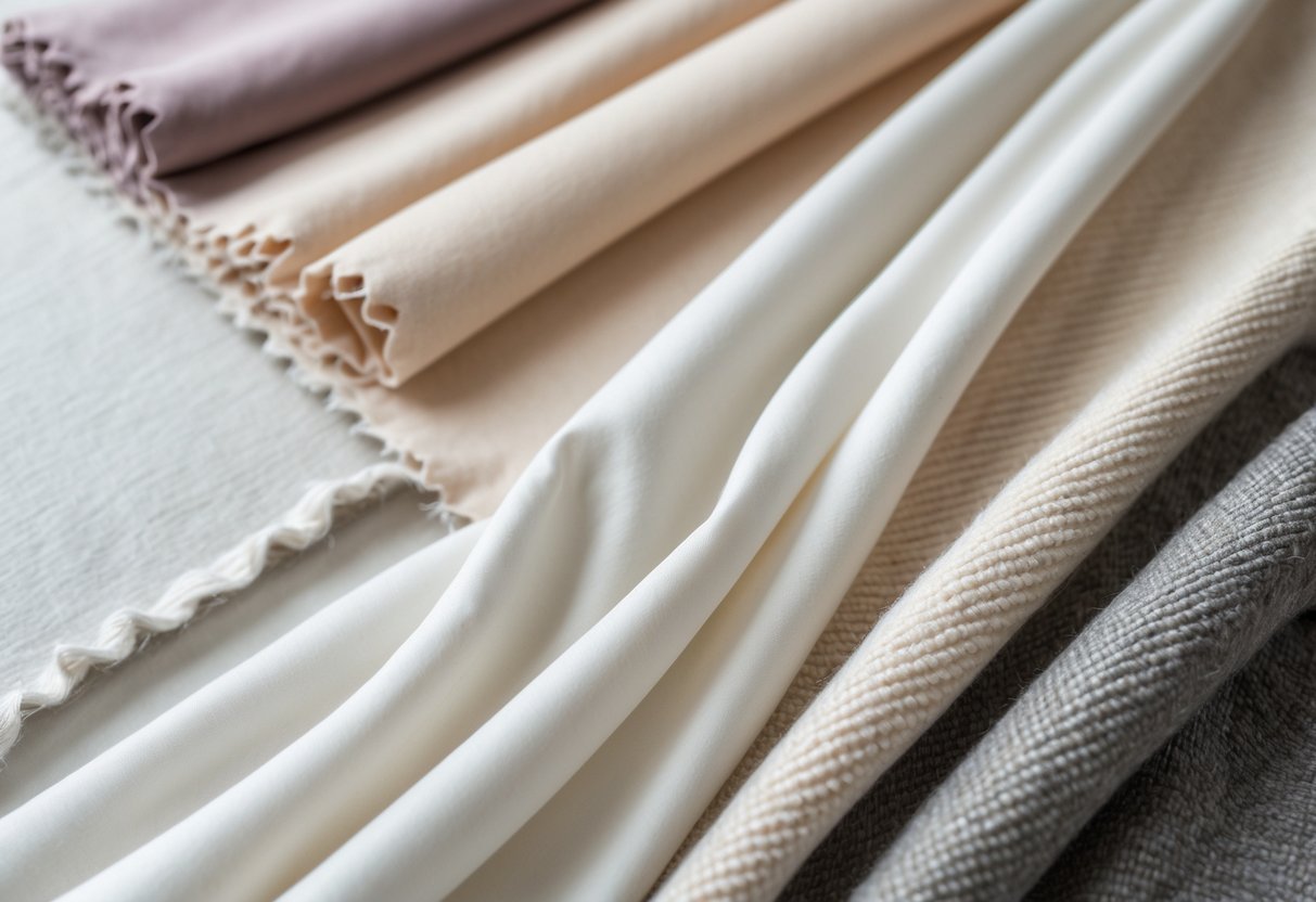 Close-up view of various fabric swatches including smooth viscose, cotton, wool, and polyester arranged on a neutral surface.