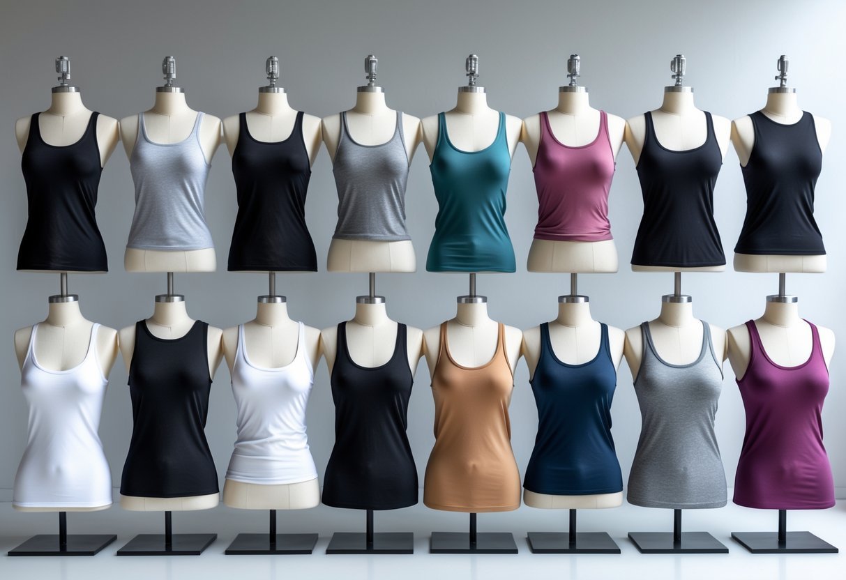 Twelve mannequins displaying different styles of tank tops arranged in a clean studio setting.