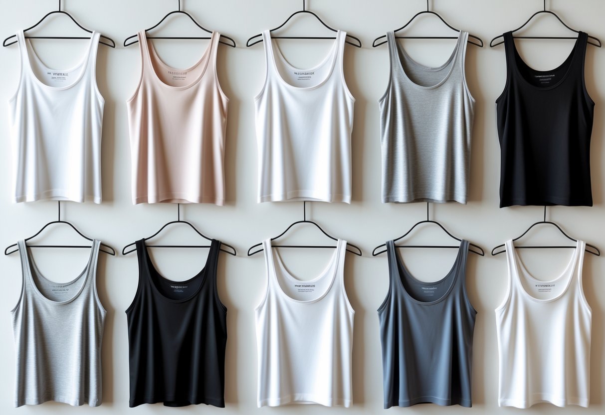 Twelve different styles of basic tank tops arranged neatly on a neutral background.