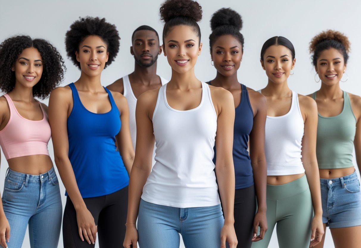 A group of people wearing different styles of tank tops, with one person prominently wearing a racerback tank top, standing against a plain white background.