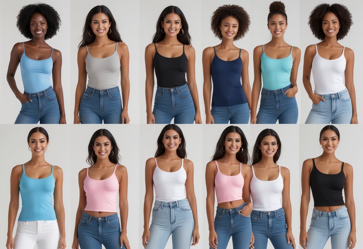 A group of women wearing different styles of tank tops, standing together in a well-lit studio.