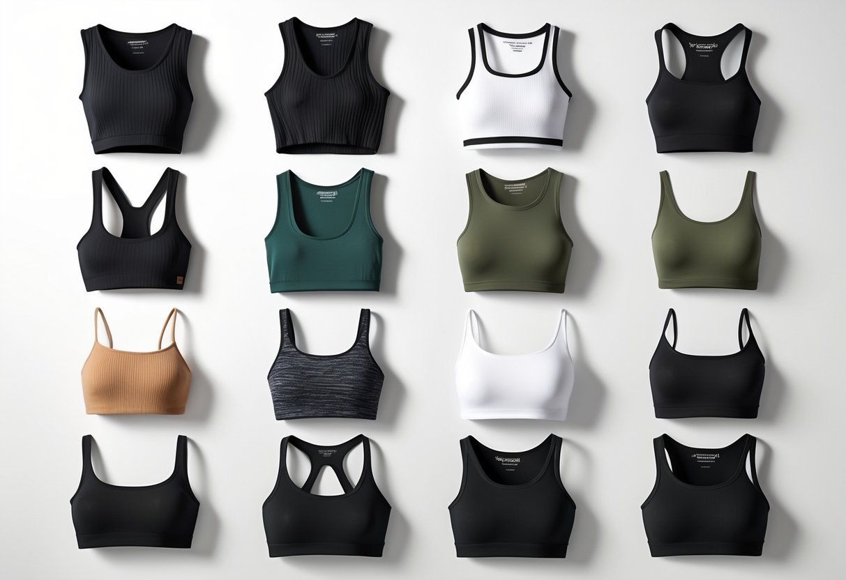 Twelve different styles of cropped tank tops arranged neatly on a neutral background.