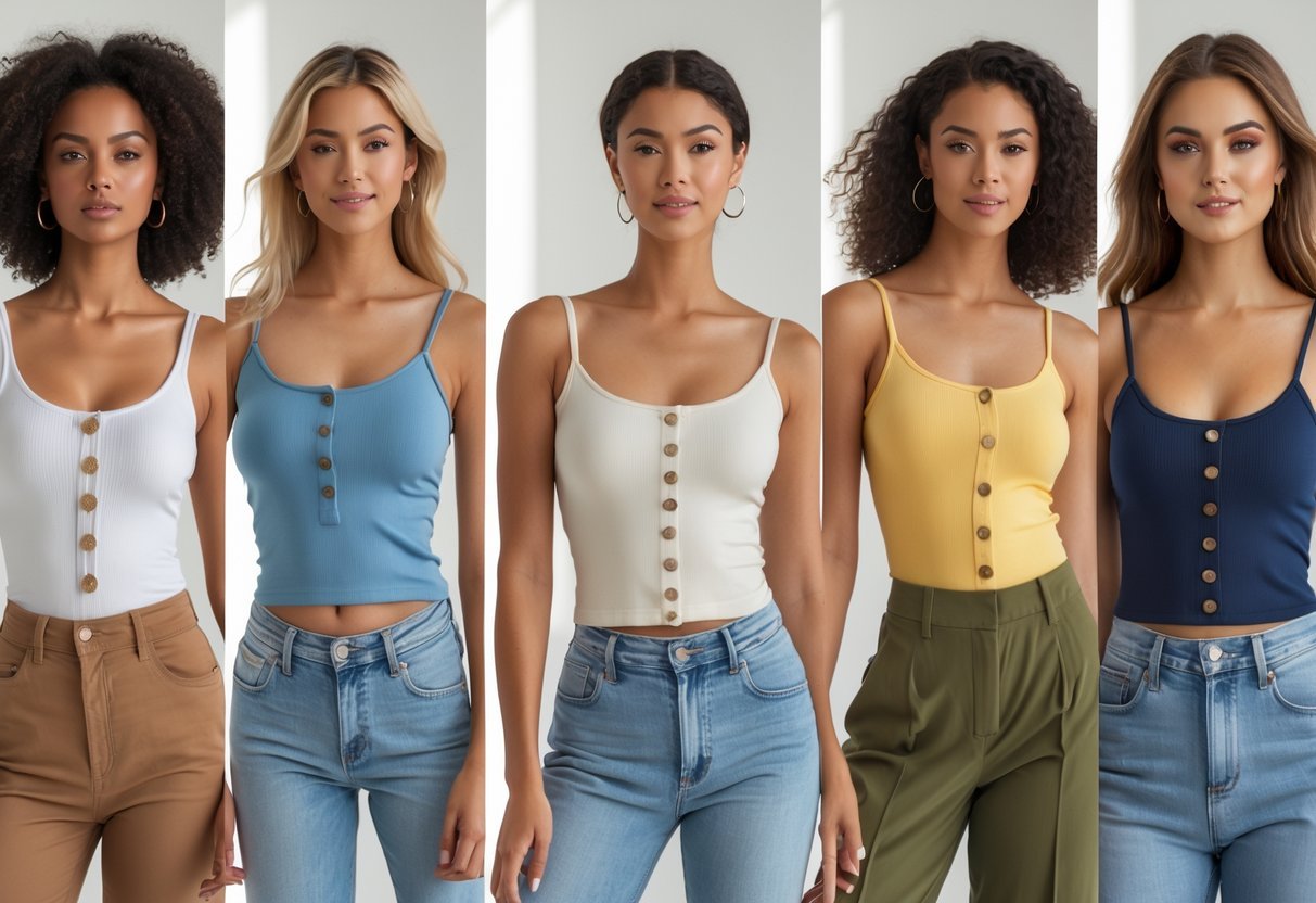 Six women wearing different button-front tank tops in various colors and styles, posing confidently in a bright, simple setting.