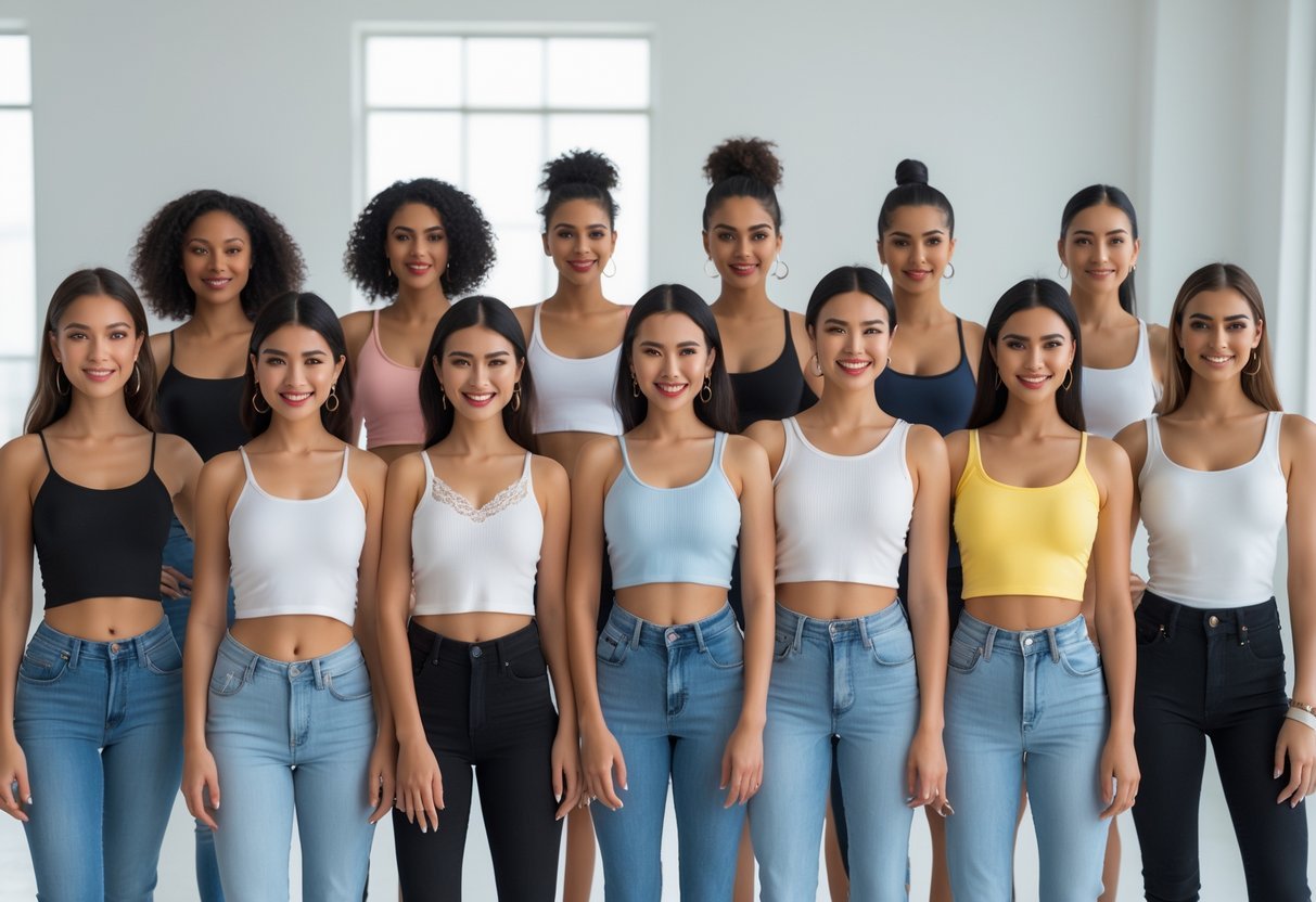 Twelve women standing together indoors, each wearing a different style of tank top, showing a variety of designs and fits.