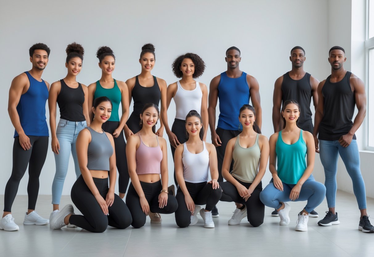 A group of diverse people wearing twelve different styles of tank tops, posed in a bright studio setting.