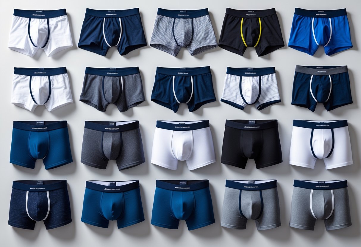 Fourteen different types of men's underwear arranged neatly on a neutral background.