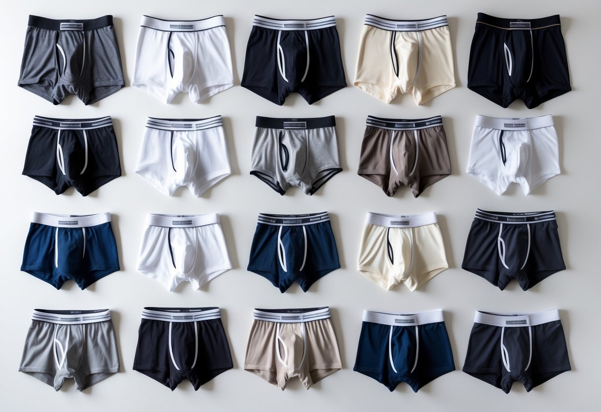 A flat lay of fourteen different types of men's underwear arranged neatly on a white background.