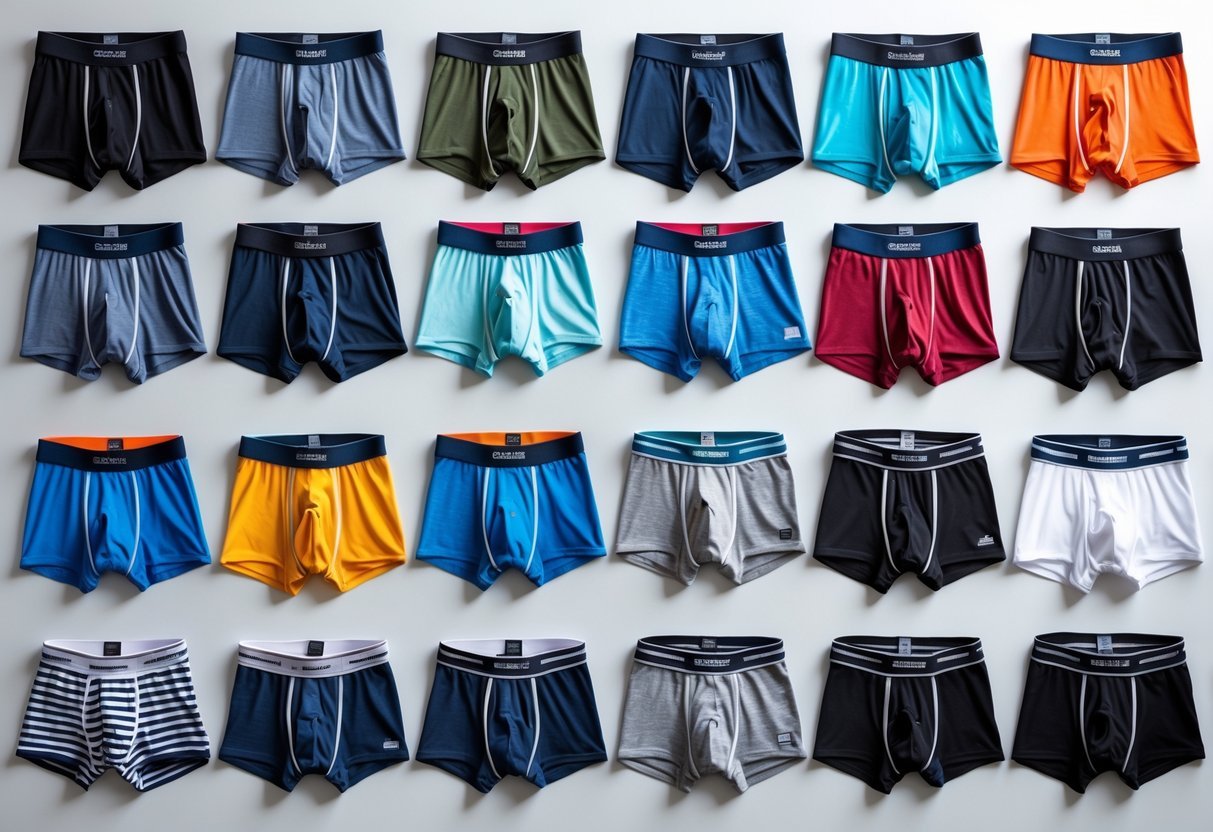 A flat lay of fourteen different types of men's underwear trunks arranged neatly on a white background.