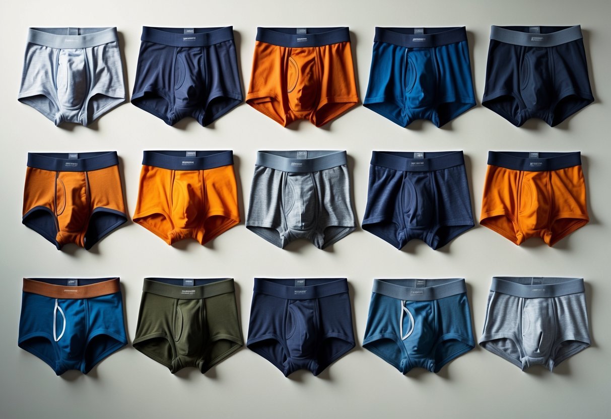 A flat lay of fourteen different types of men's underwear arranged neatly on a neutral background.