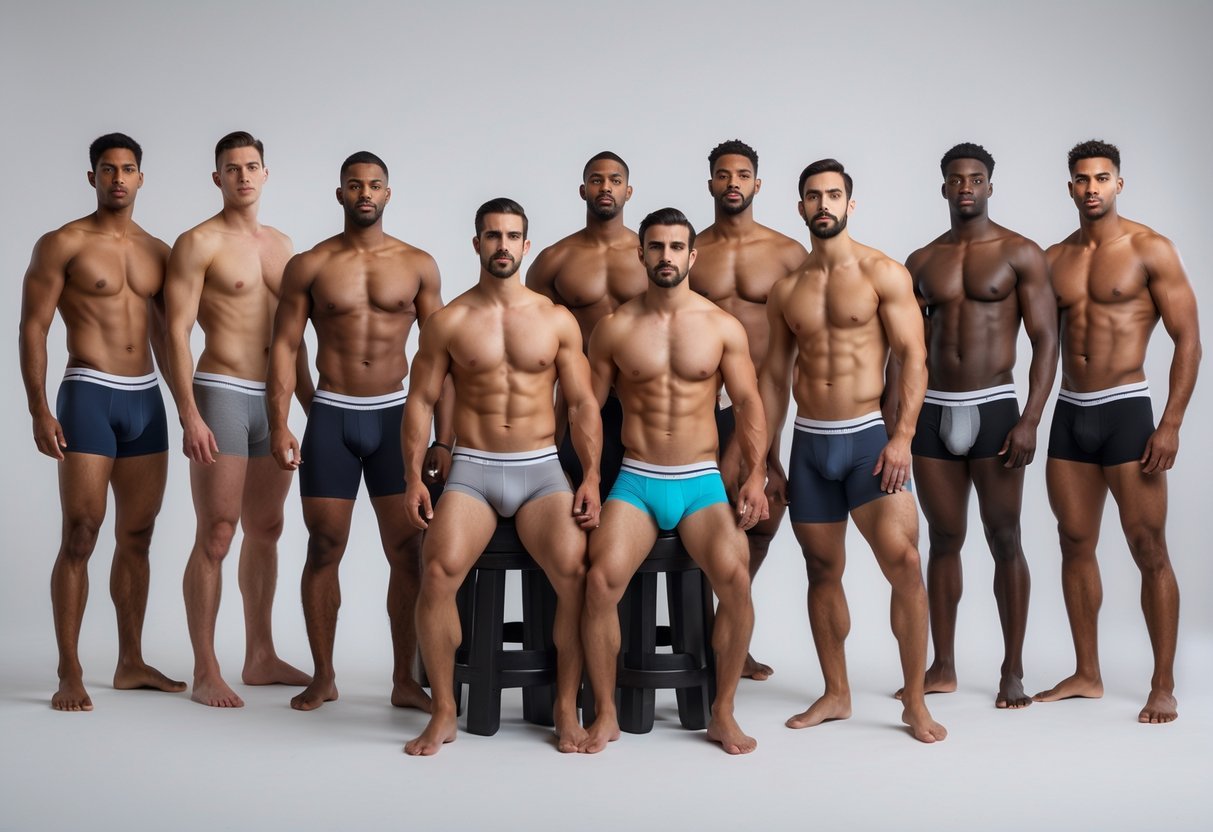 Fourteen men of different ages and ethnicities wearing various styles of men's underwear, standing and sitting together in a neutral studio setting.