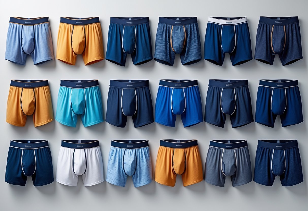 Fourteen different types of men's underwear arranged side by side on a plain background.