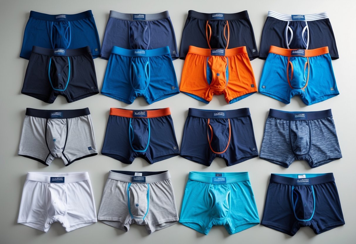 A neatly arranged selection of 14 different types of men's underwear, including long leg boxer briefs, displayed on a plain background.