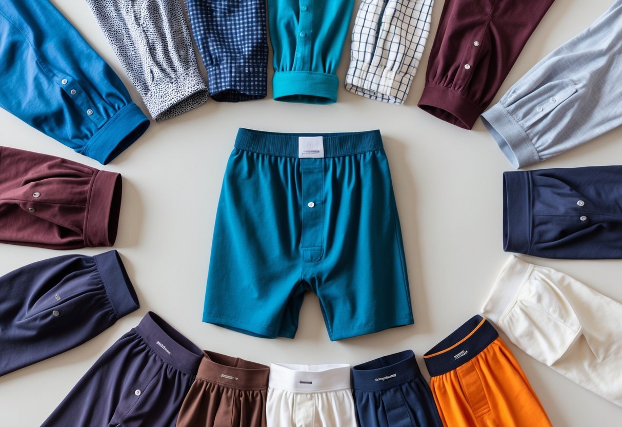 A variety of fourteen men's cotton stretch boxers in different colors and patterns arranged neatly on a plain background.