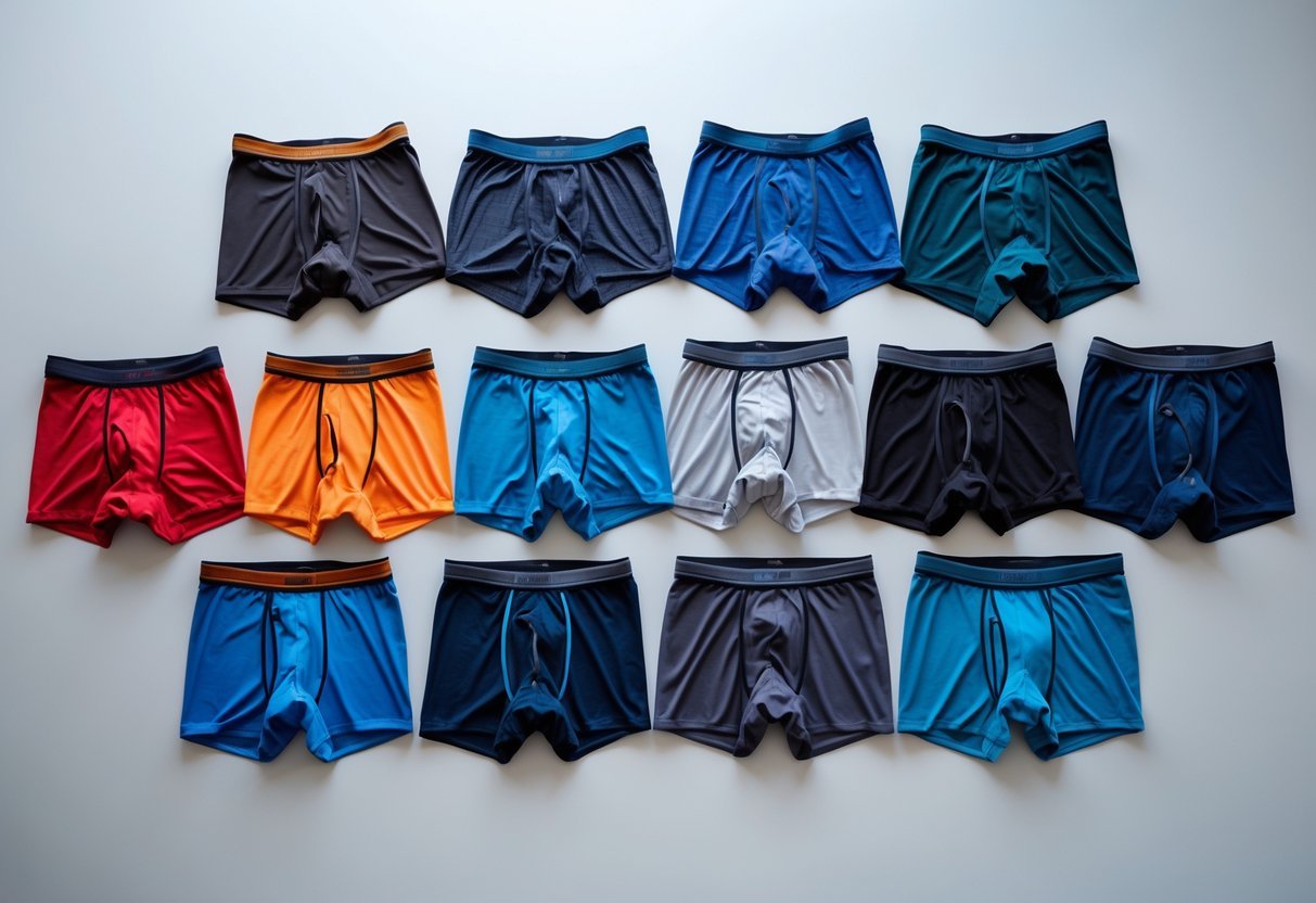 A collection of 14 different types of men's microfiber underwear trunks arranged neatly on a plain background.