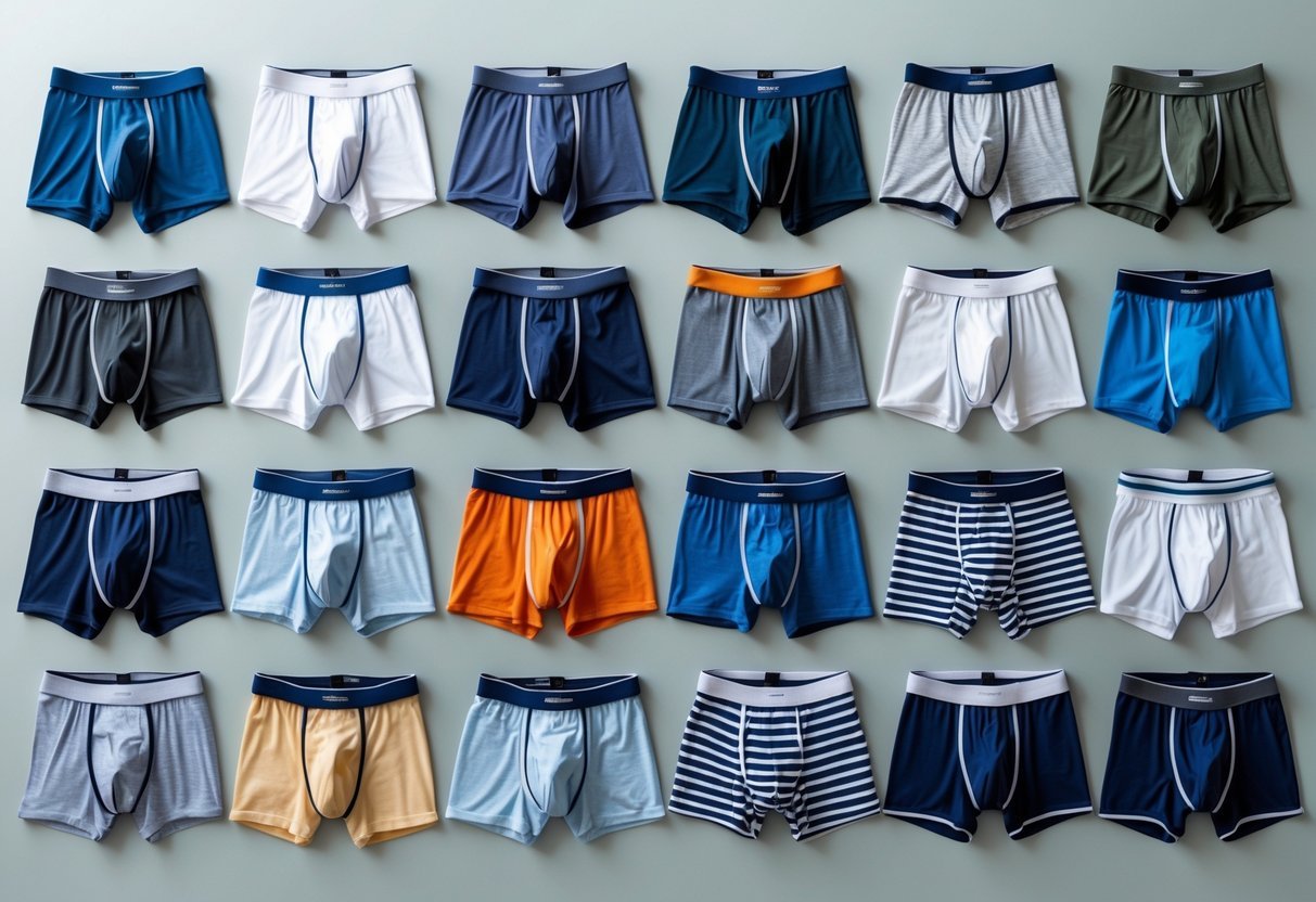 A neatly arranged collection of 14 different types of men's underwear displayed on a clean surface.