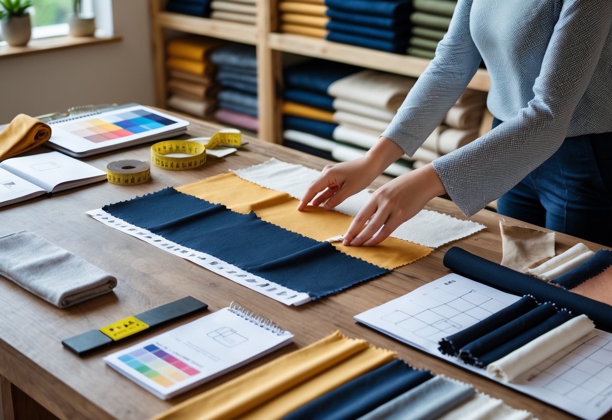 Hands examining fabric swatches on a table surrounded by fabric rolls and design tools in a textile workspace.
