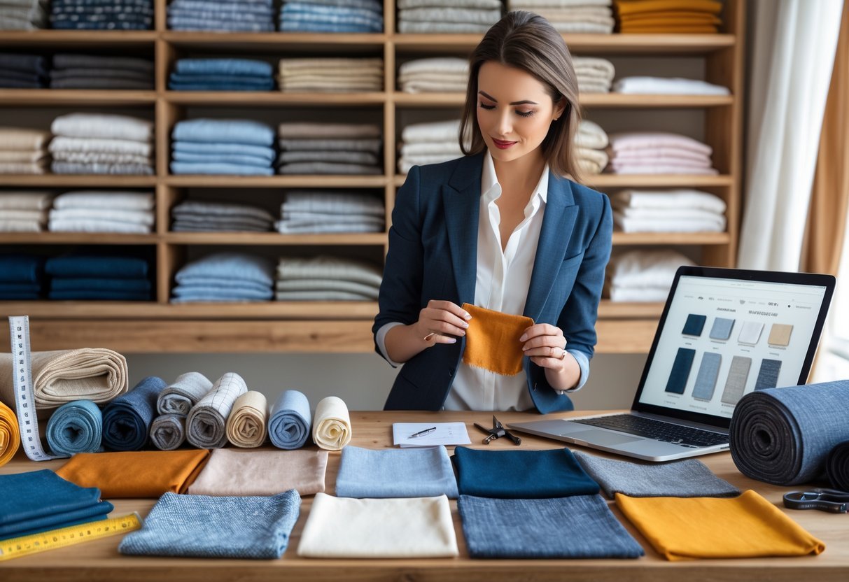 A person examining various fabric swatches on a table surrounded by sewing tools and fabric bolts on shelves.