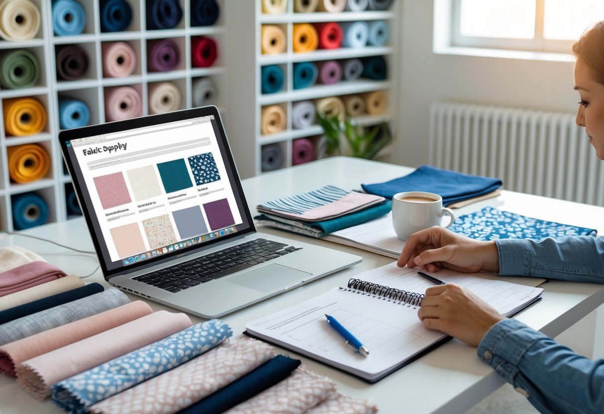 Person examining fabric samples at a desk with a laptop, fabric swatches, and notes in a bright workspace.