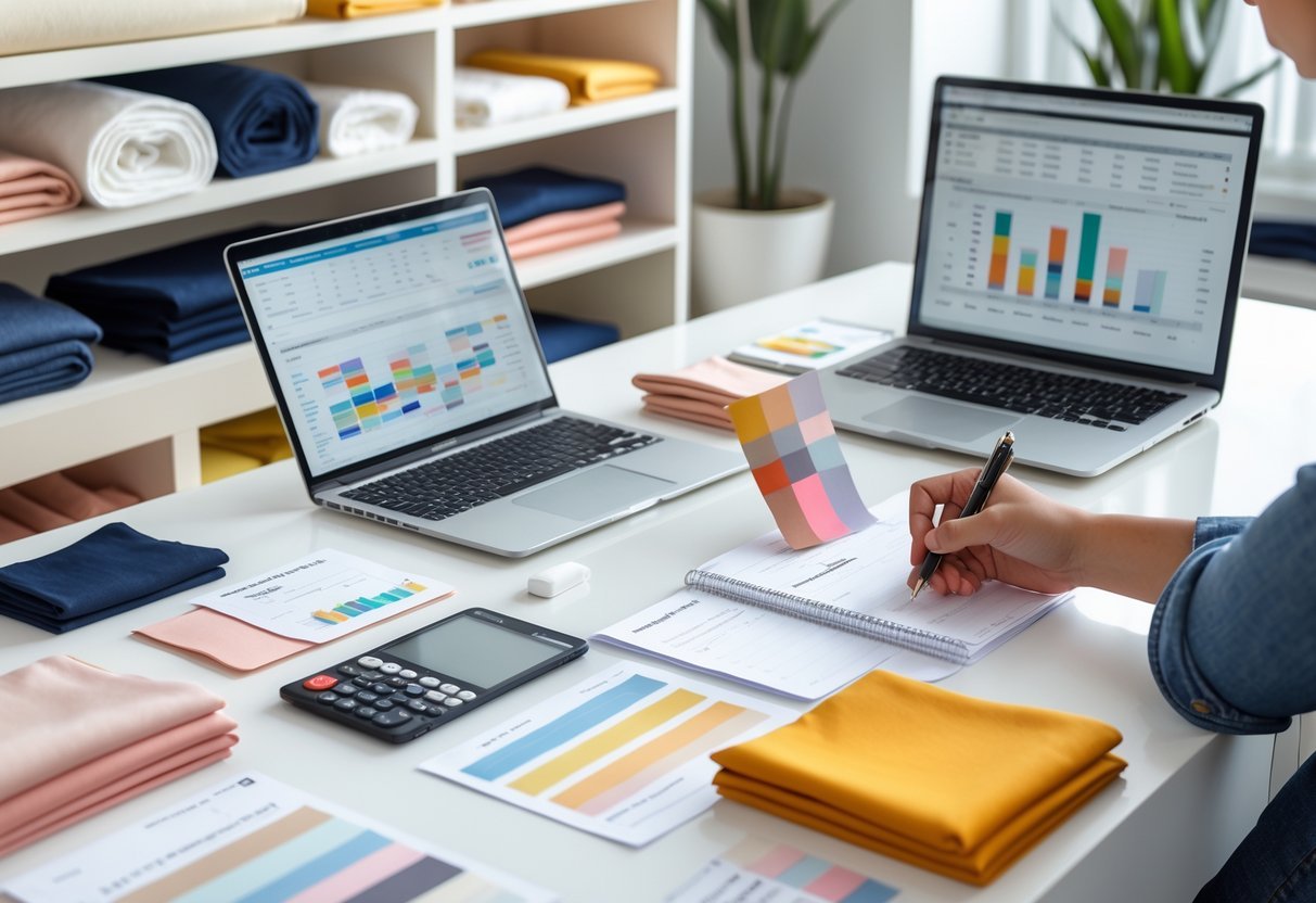 A workspace with fabric samples, a laptop showing pricing charts, and hands comparing fabrics and taking notes.