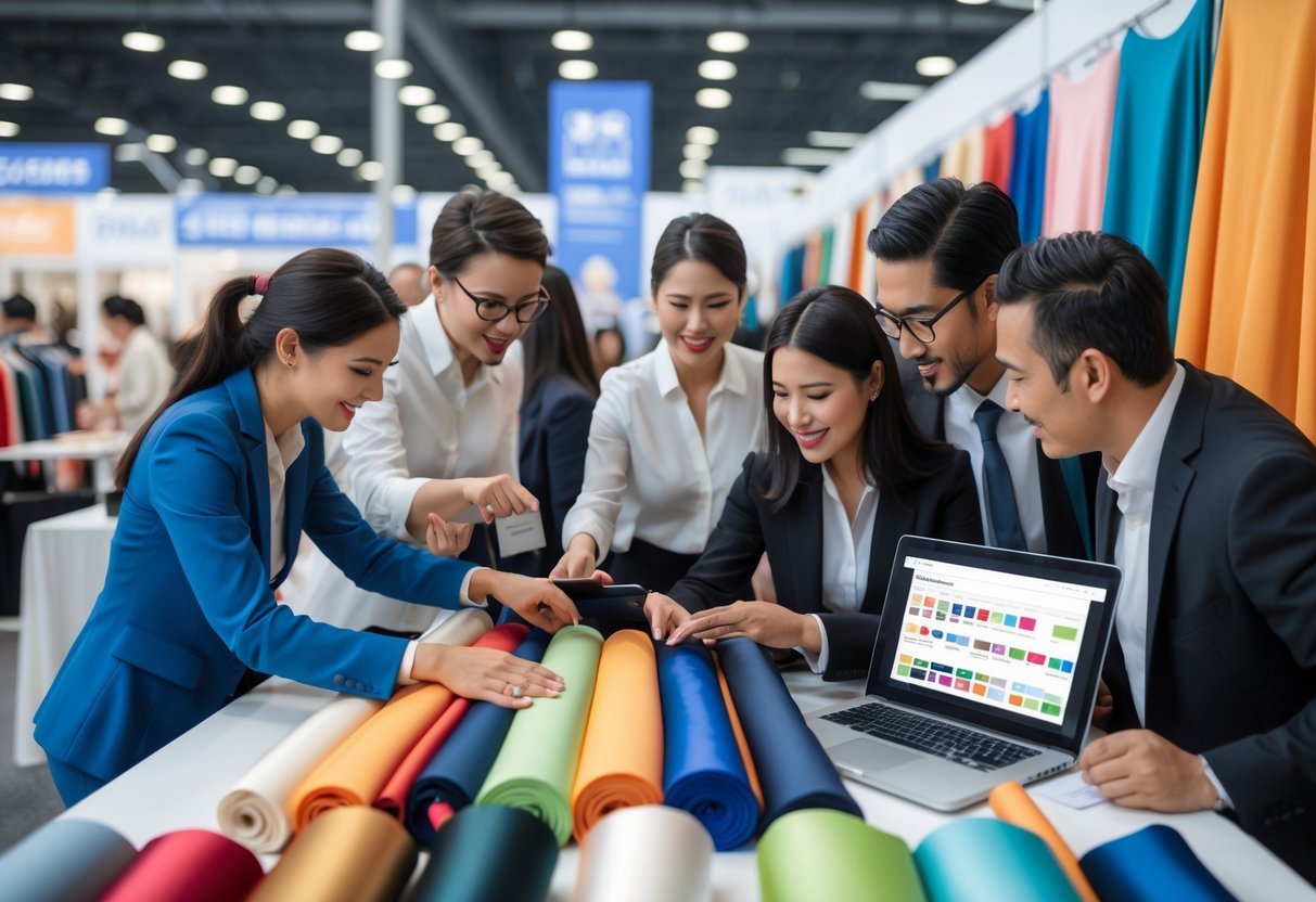 People examining fabric samples at a trade show booth with a laptop showing an online fabric marketplace in the background.