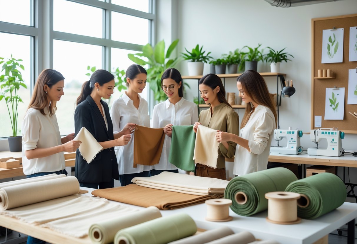 A group of people examining eco-friendly fabric samples in a bright textile workshop with rolls of sustainable fabrics and natural materials around them.
