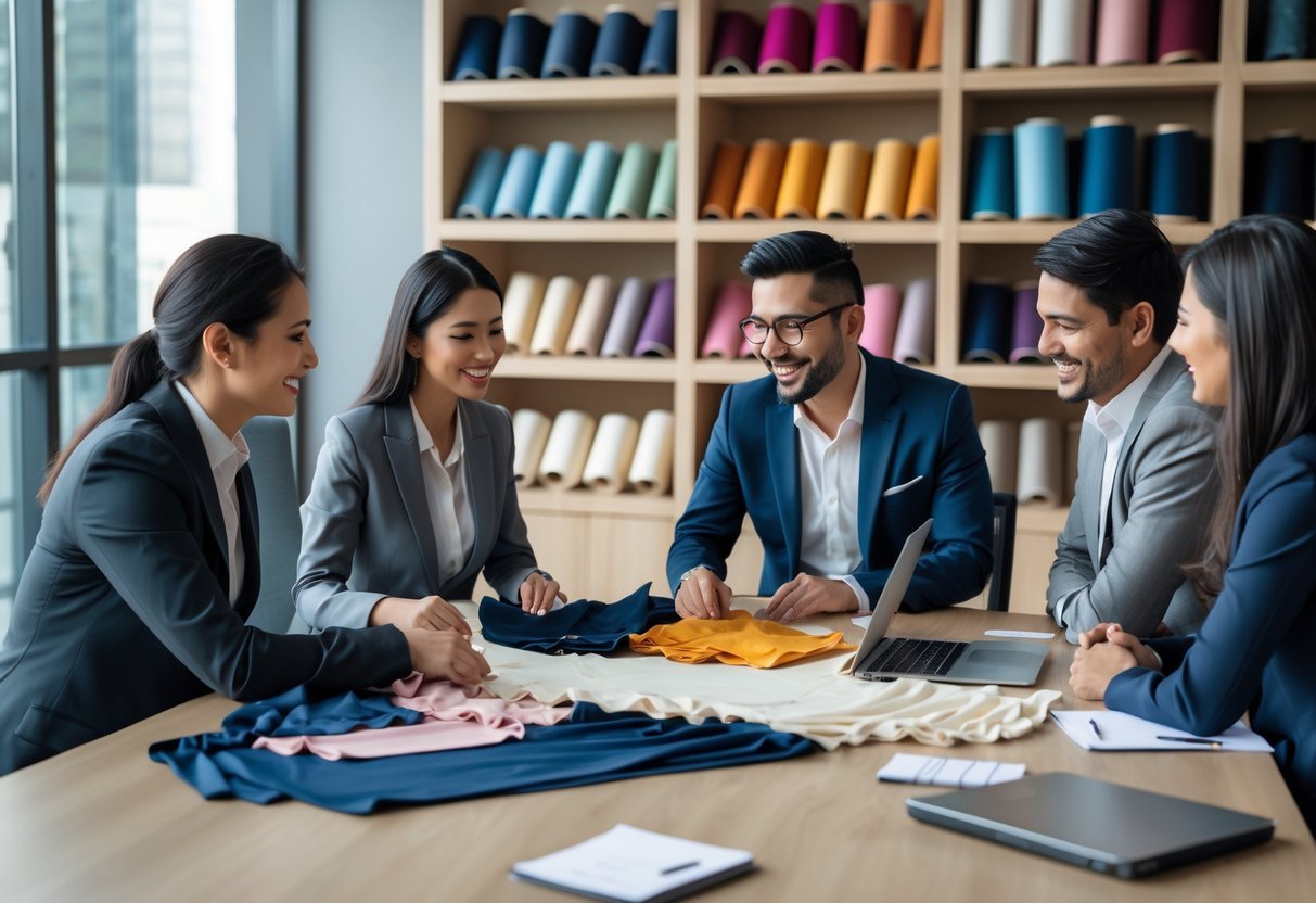 A group of professionals sitting around a table examining fabric samples and discussing in a meeting room with shelves of fabric rolls in the background.