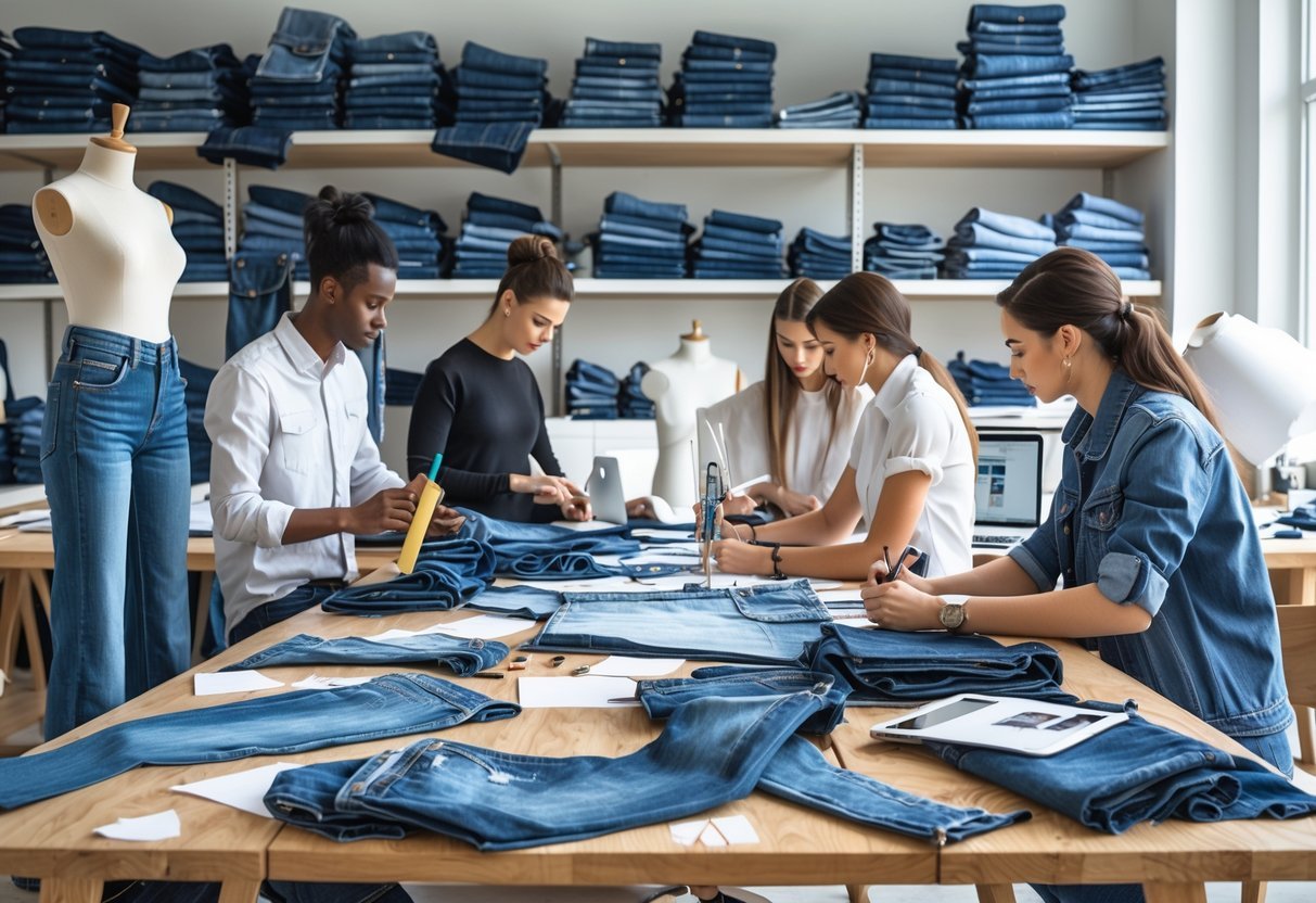 A group of fashion designers working together in a denim design studio with fabric, sketches, and sewing tools.