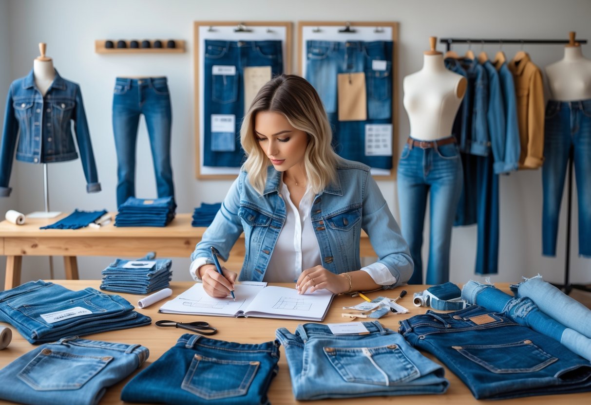 A fashion designer sketching denim clothing designs at a workspace filled with denim fabric swatches, sewing tools, and mannequins wearing denim garments.