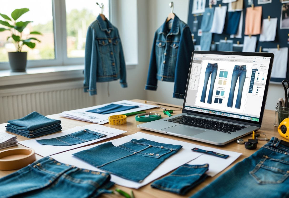 A workspace with denim fabric, sketches, sewing tools, and a laptop showing design software, with a mood board in the background.