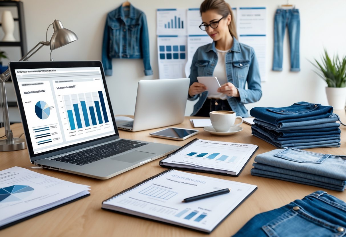 A person working at a desk with a laptop, denim fabric samples, notebooks, and documents in a bright workspace.