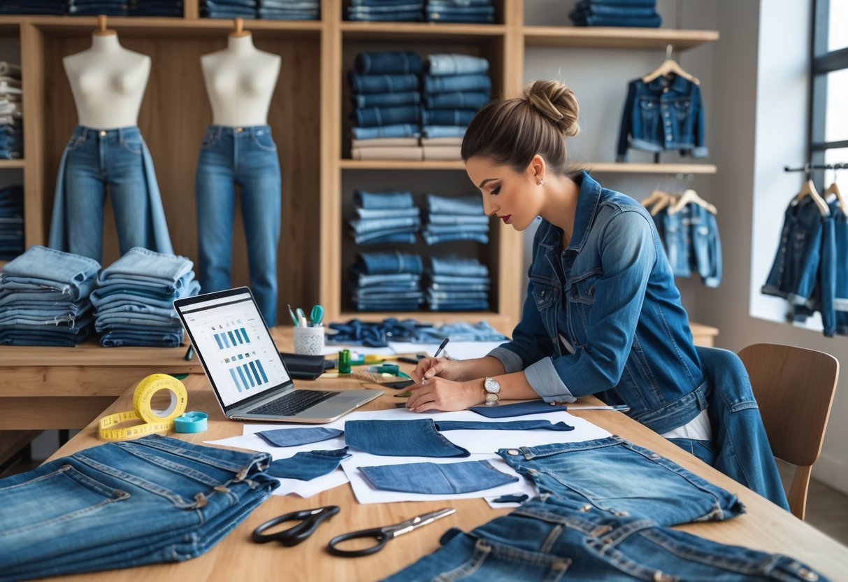 A fashion designer in a studio surrounded by denim fabrics, sketches, sewing tools, and mannequins displaying denim clothing.