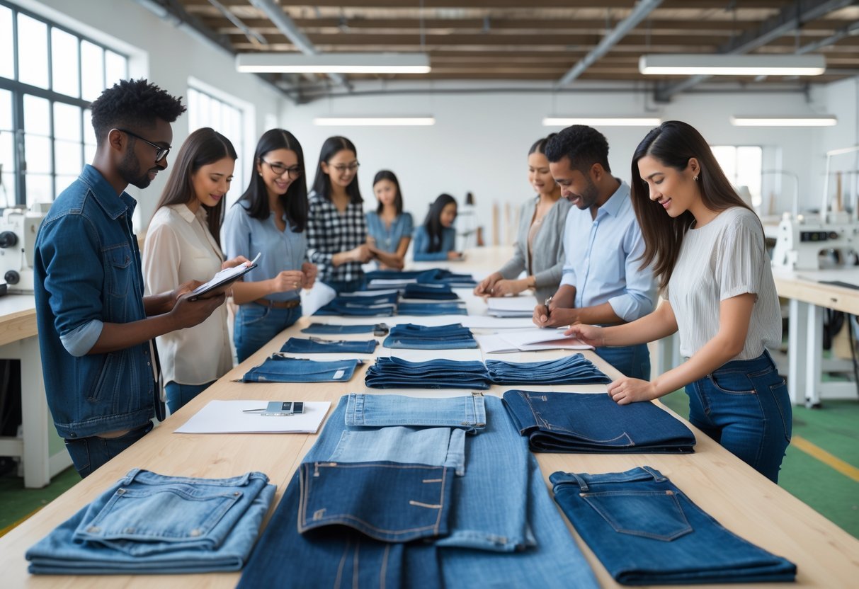 A group of people collaborating around a table with denim fabric and sewing materials in a textile studio.