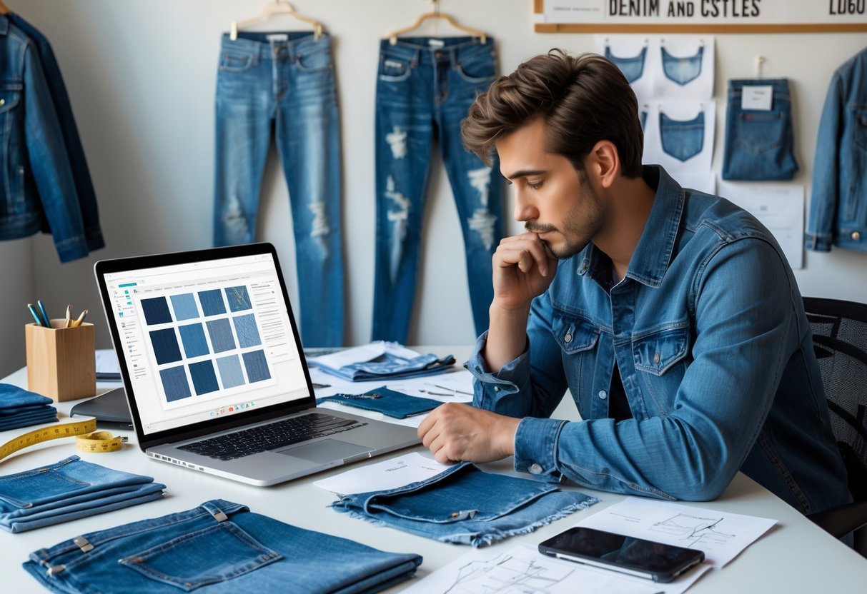 A person reviewing denim fabric samples and sketches at a desk filled with design tools and a laptop.