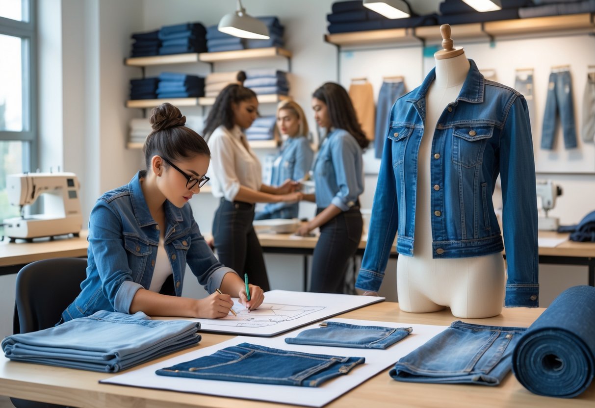 A fashion studio with designers working on denim jacket sketches, fabric swatches, and a mannequin dressed in denim clothing.