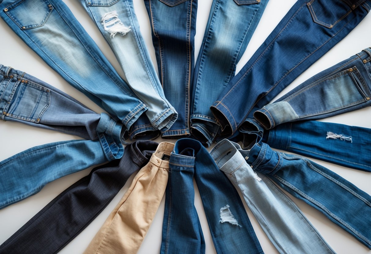 A flat lay of fourteen different types of jeans fabric swatches arranged neatly on a neutral background.